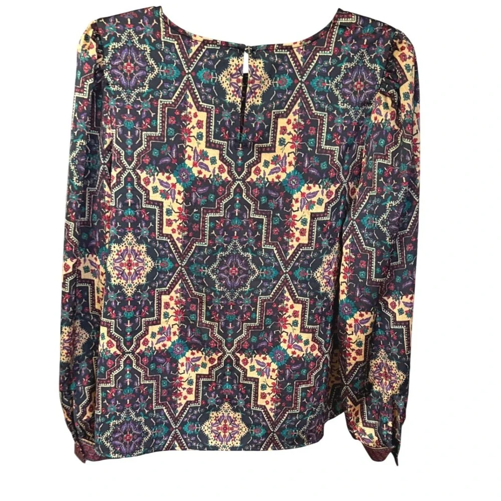 Loft Blouse Womens Large Multicolor Geometric Medallion Satin Puff Sleeve Boho